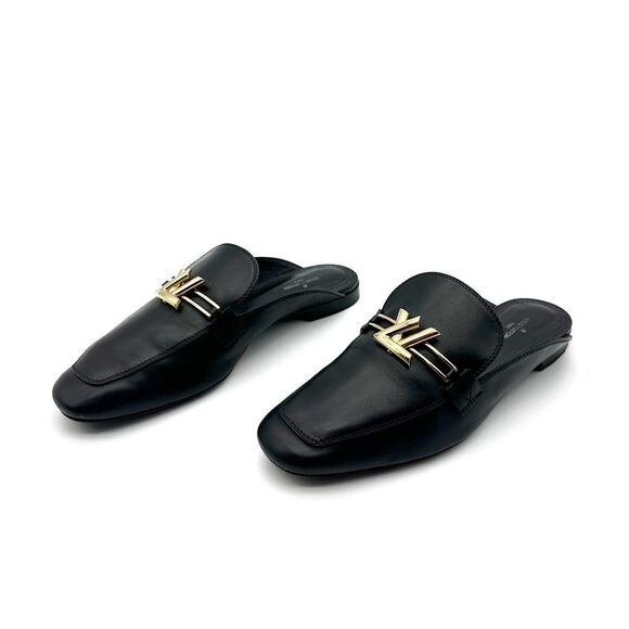 LOUIS VUITTON Upper Case Black Slide Loafers Size 38 Chain LV Logo Flat Mules - Picture 1 of 13